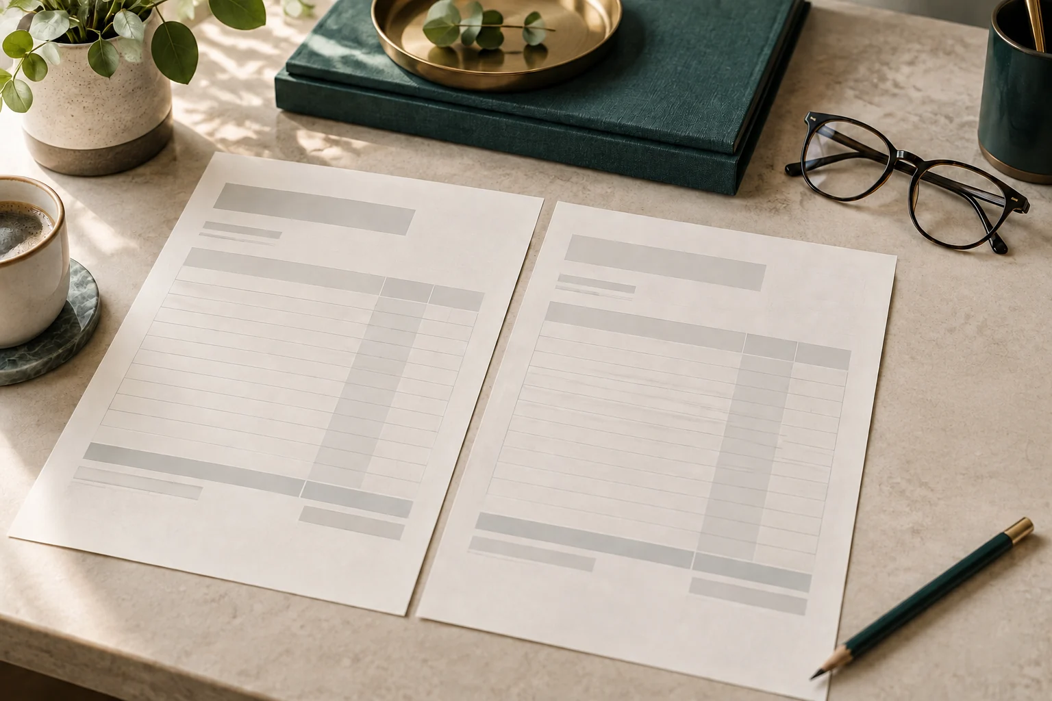 Ilustración: compare el presupuesto del tratamiento, el acuerdo de financiación y los pagos ya realizados. Los documentos en blanco no representan un contrato real ni un reembolso garantizado.