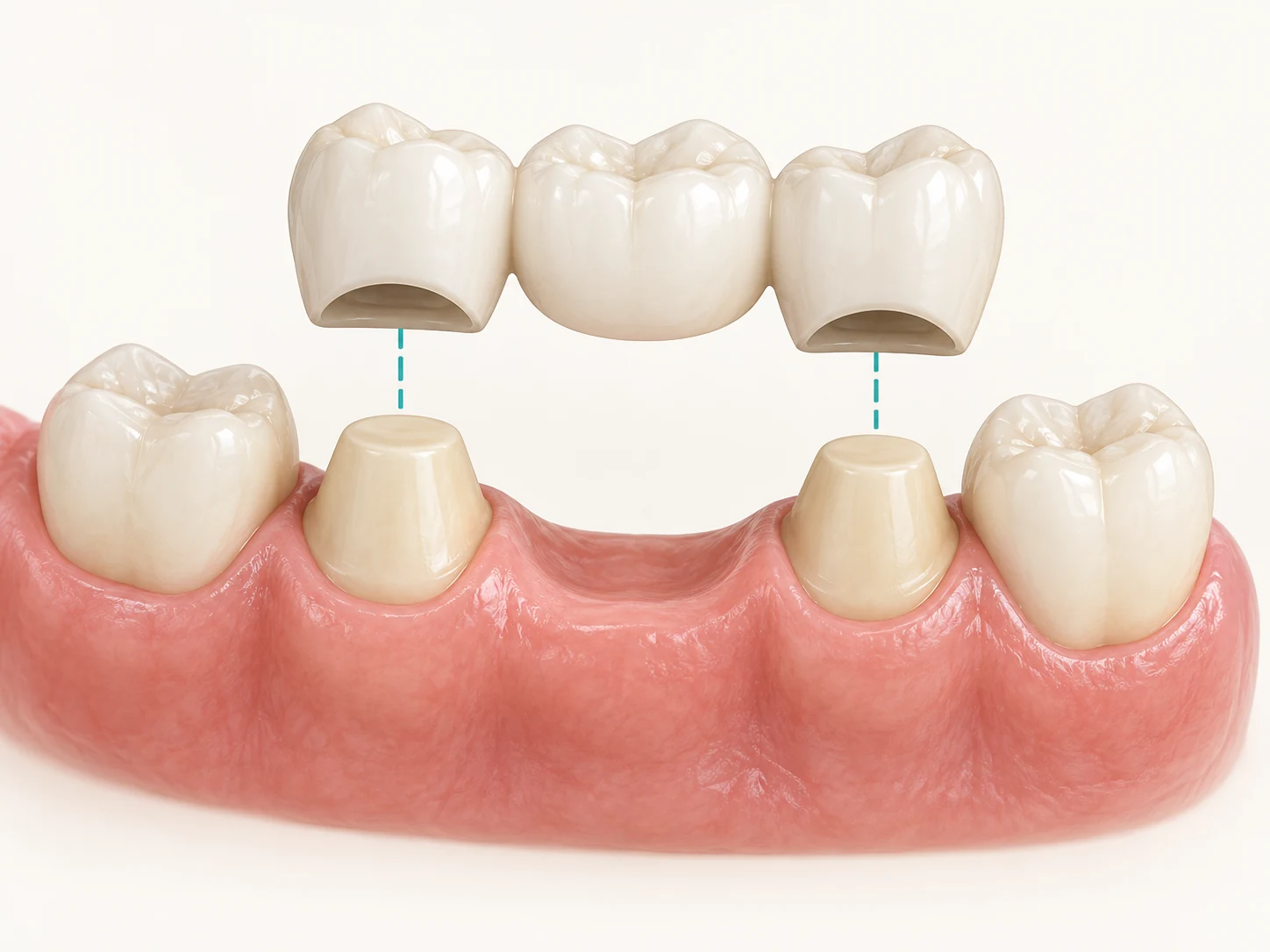 Puente fijo: los dos dientes vecinos se preparan para las fundas que sostienen el diente que falta.