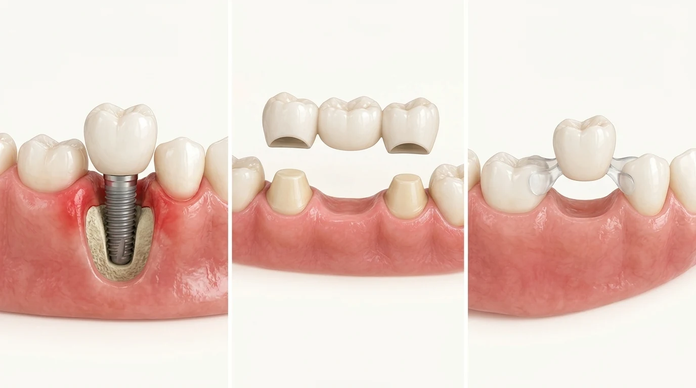 Implante, puente y Denticor, uno al lado del otro