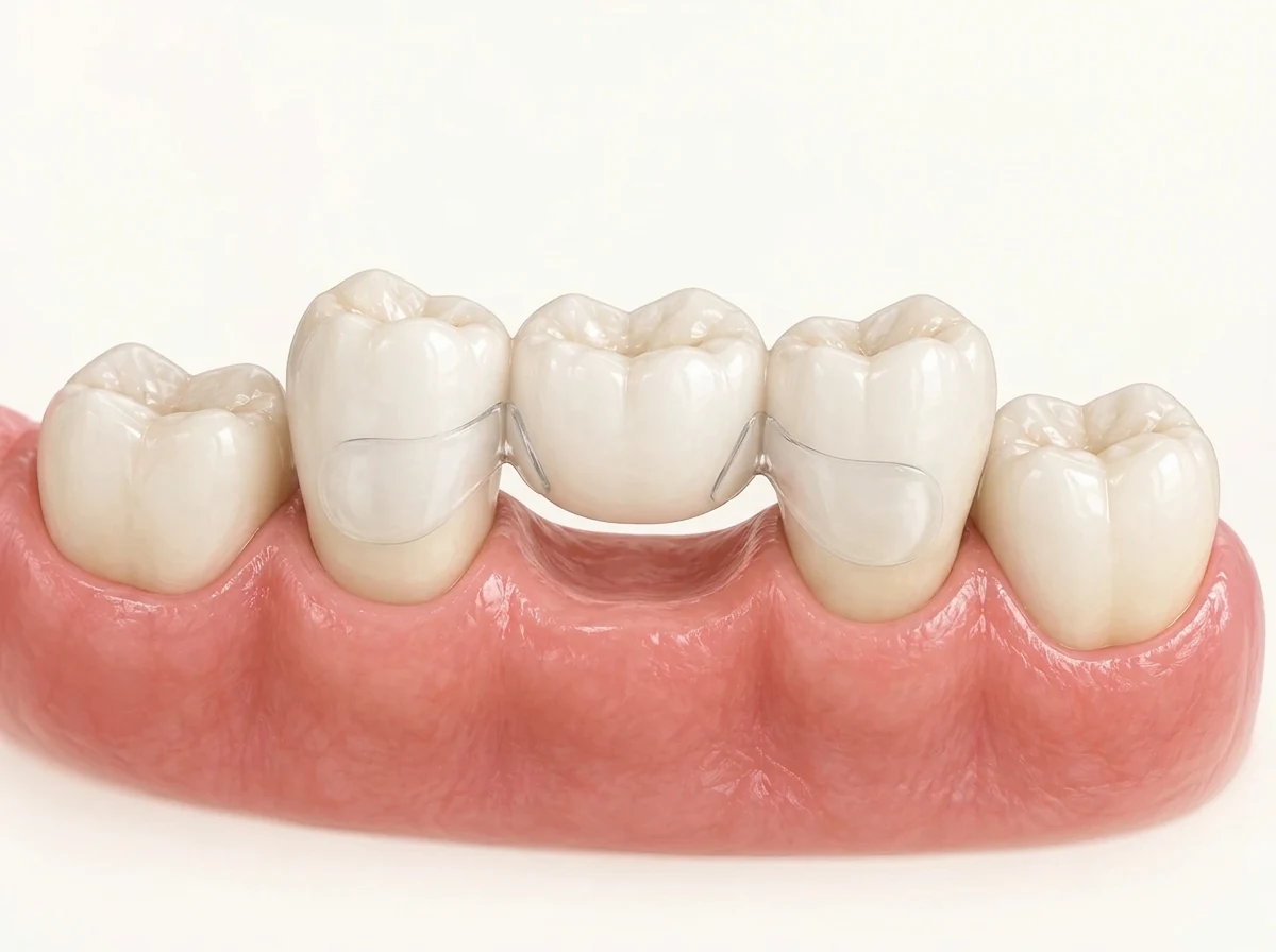 Denticor: una corona de composite sujeta entre los dientes vecinos por el soporte transparente DentiFlex