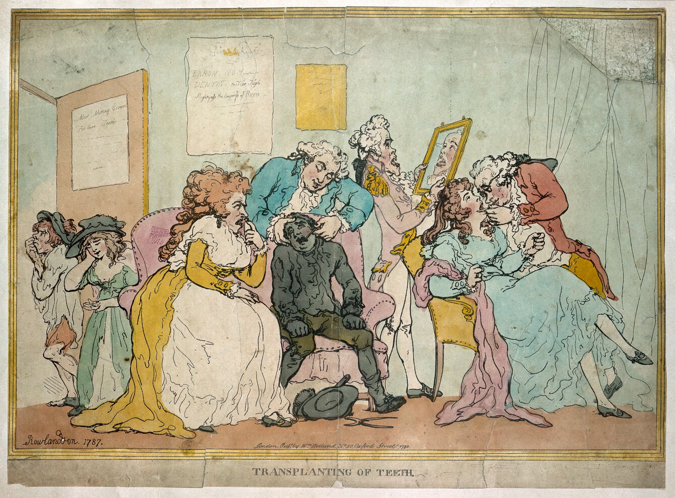 Ilustración de la época de Thomas Rowlandson, «Transplanting of teeth», de 1787