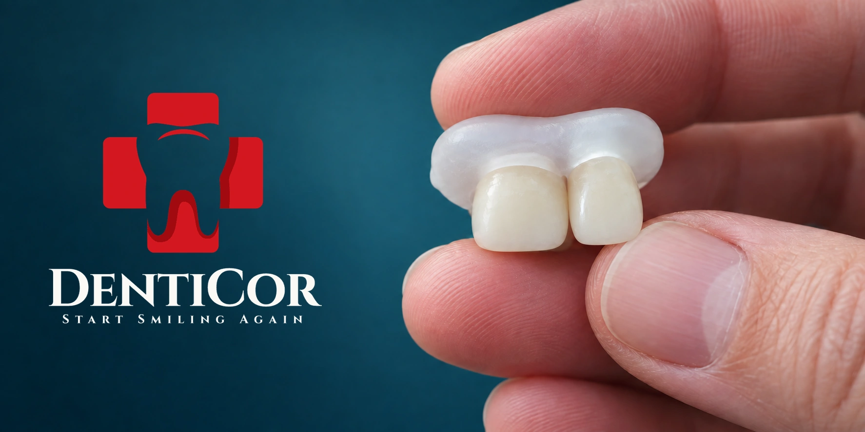 Ejemplo de dos coronas Denticor unidas con DentiFlex, sujetas entre los dedos