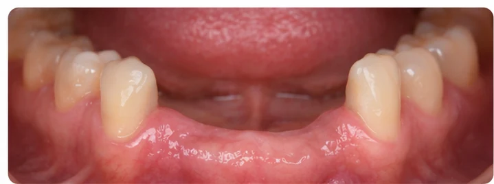 Procedimiento visual para tres dientes contiguos en la arcada inferior: principio de colocación del puente Denticor con los nuevos dientes y su modelado alrededor de los dientes adyacentes