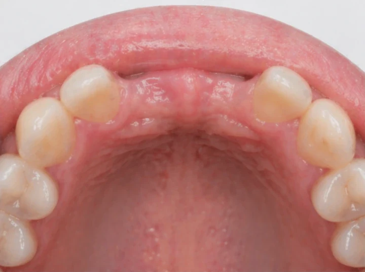 Denticor para los dos incisivos centrales superiores: vista posterior desde el paladar; forma del puente y ajuste detrás de los nuevos dientes