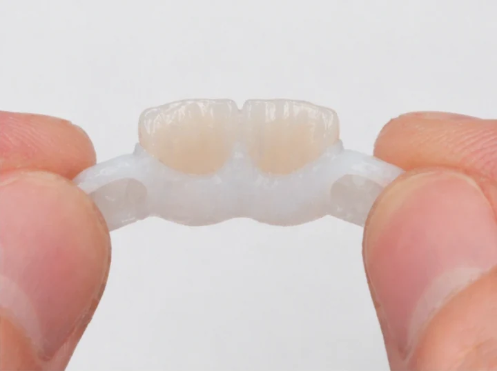 Denticor para los dos incisivos centrales superiores: vista posterior desde el paladar; forma del puente y ajuste detrás de los nuevos dientes