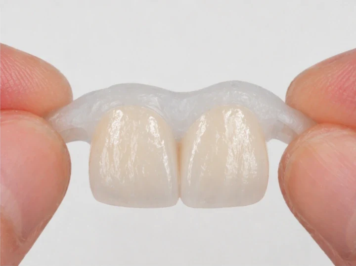 Denticor para los dos incisivos centrales superiores —vista frontal—: hueco, prótesis preparada, colocación y resultado