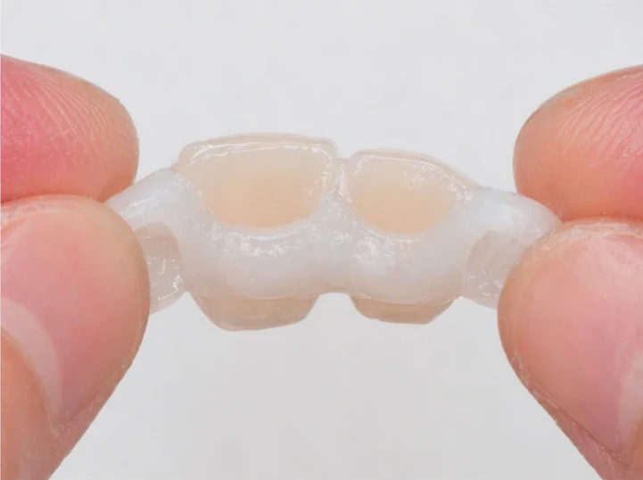 Denticor para el incisivo central superior y el lateral: vista posterior desde el paladar: forma del puente y ajuste tras los dientes nuevos