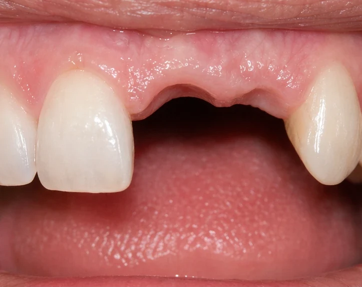 Denticor para el incisivo central superior y el lateral – vista frontal: hueco, prótesis preparada, colocación y resultado