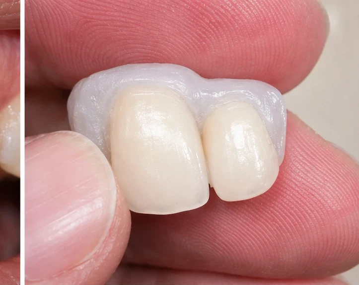 Denticor para el incisivo central superior y el lateral – vista frontal: hueco, prótesis preparada, colocación y resultado