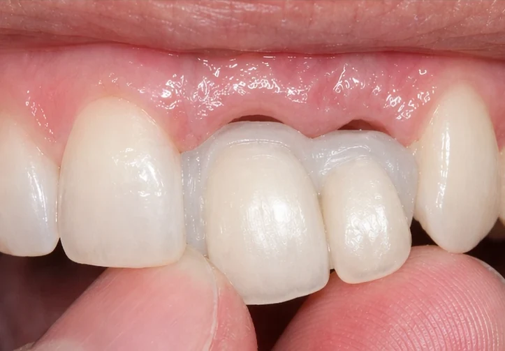 Denticor para el incisivo central superior y el lateral – vista frontal: hueco, prótesis preparada, colocación y resultado