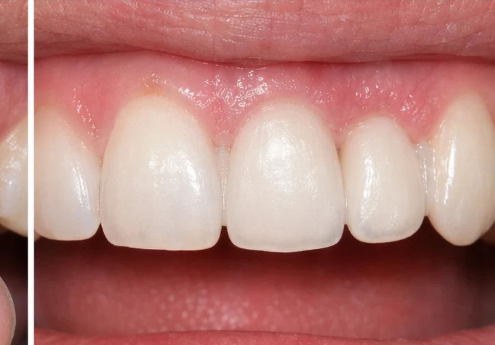Denticor para el incisivo central superior y el lateral – vista frontal: hueco, prótesis preparada, colocación y resultado